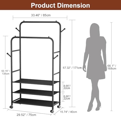 Furologee Clothes Racks for Hanging Clothes, Portable Rolling Garment Rack, Sturdy Metal Freestanding Cloths Racks with Wheels, Double Rods Wardrobe Rack for Bedroom Laundry Living Room 2