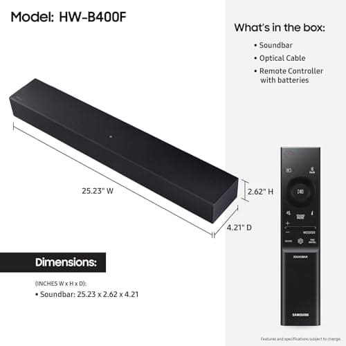 Samsung B-Series Soundbar HW B400F 2.0 ch Soundbar with Built in Subwoofer (2025 Model) One Remote Control, Surround Sound Expansion, Voice Enhance Mode 6