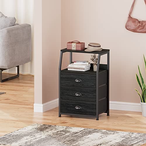 Furnulem Black Night Stand, Small Dresser for Bedroom, Nightstand with 3 Fabric Storage Drawers and 2-Tier Shelf, End Table Side Furniture for Closet, Hallway, Nursery, Sturdy Steel Frame, Wood Top 5