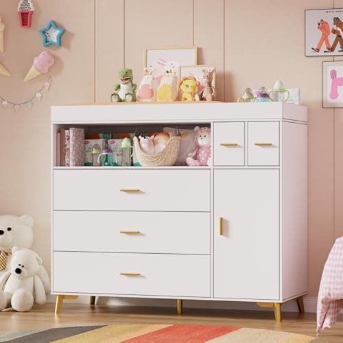 PAKASEPT Changing Table with Drawers, Changing Table Dresser with 5 Drawer & Cabinet