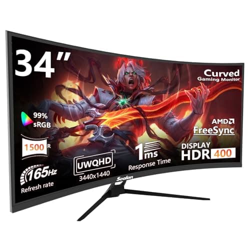 Sealan 34 inch Ultrawide Curved Computer Gaming Monitor 165Hz UWQHD 3440x1440,1500R -PIP,1ms (MPRT),HDR, 300nits, sRGB99%,FreeSync,HDMI2.0(TMDS) x2,DP1.4 x2,Eye Care,Support Wallmount 75x75mm
