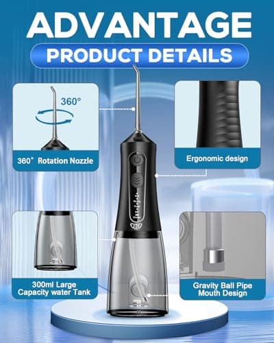 JTF Water Dental Flosser Picks for Teeth - 4 Modes Cordless Oral Irrigator, 300ML Portable Water Flosser & Rechargeable IPX7 Waterproof Water Teeth Cleaner for Home Travel with 9 Jet Tips (Black) 5