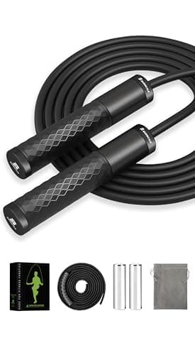 BURNCALO Weighted Jump Rope for Fitness, Skipping Rope for Men Women, Metal Heavy Handles, Ball bearings, Adjustable Length PVC Cord and Cotton Rope, Endurance Training Fitness Exercise Workout