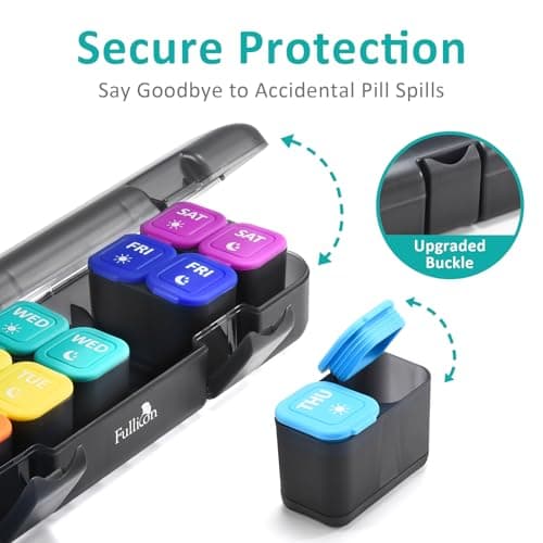 Fullicon Moisture-Proof Pill Organizer 2 Times a Day, Weekly Pill Boxes & Organiser with Silicone Lids, Large Capacity AM PM Pill Organizer 7 Day, Travel Pill Case for Vitamins (Black Rainbow) 5