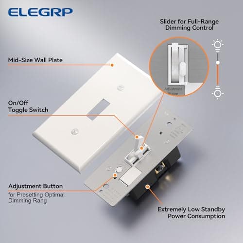 ELEGRP Digital Toggle Dimmer Switch for Dimmable LED, CFL and Incandescent Light Bulbs, Single Pole or 3-Way Toggle LED Dimmer Light Switch, Wall Plate Included, UL Listed, 1 Pack, White 7