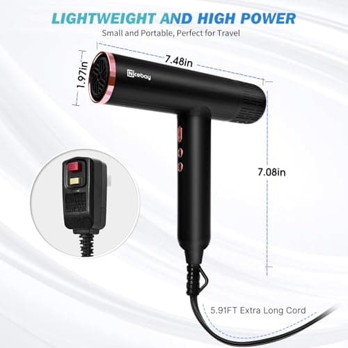 Nicebay Ionic Hair Dryer with Diffuser, Professional Blow Dryer with 3 Attachments, 150000RPM High-Speed Brushless Motor for Fast Drying, Lightweight, Low Noise, 2000W 7
