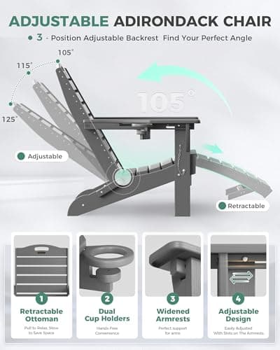 SUUNYN Folding Adirondack Chair with Retractable Ottoman, Weather Resistant Fire Pit Chair Patio Chair with 2 Cup Holder Lawn Outdoor Lounge Chair (Grey) 5