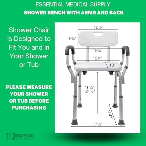 Essential Medical Supply Height Adjustable Shower and Bath Bench with Back, Padded Arms and Textured Seat - Perfect Shower Chair for Inside Shower or Tub for Seniors and Adults - Supports 300lbs. 5
