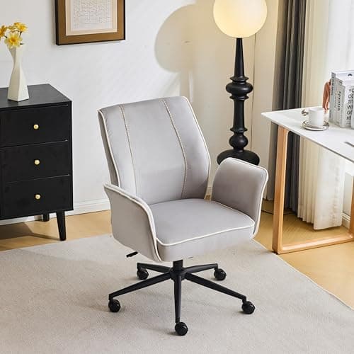 VINGLI Bloom Chair,Comfy Home Office Desk Chair with Wheels & Padded Armrests,Aesthetic Vanity Chair with Back,Height Adjustable Swivel Rolling for Makeup, Computer Task,Study,Bedroom,Velvet,Grey