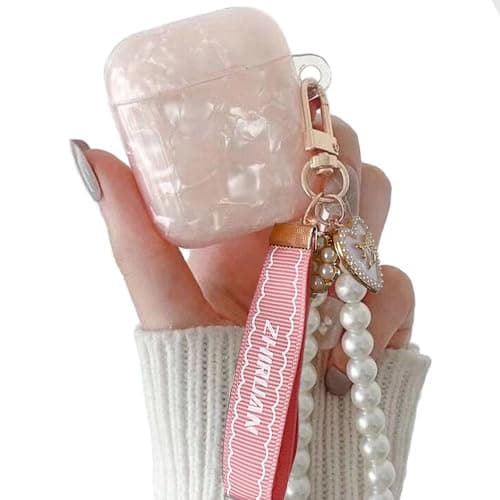 ZHIRUAN Case for Airpods Case Earbuds Case Protective Cover Skin with Pearl Keychain Airpods Accessories Compatible with AirPods Charging Case 2 & 1 (Pink)