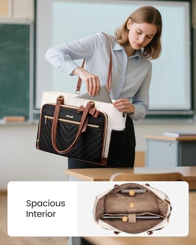 LOVEVOOK Lunch Bag, Tote Bag for Women with Insulated Lunch Compartment, Laptop Bag with Large Capacity & Cup Holder, Work Tote for Teacher, Nurse, Travel, College, Daily, Black-Beige-Brown, 15.6 Inch 2