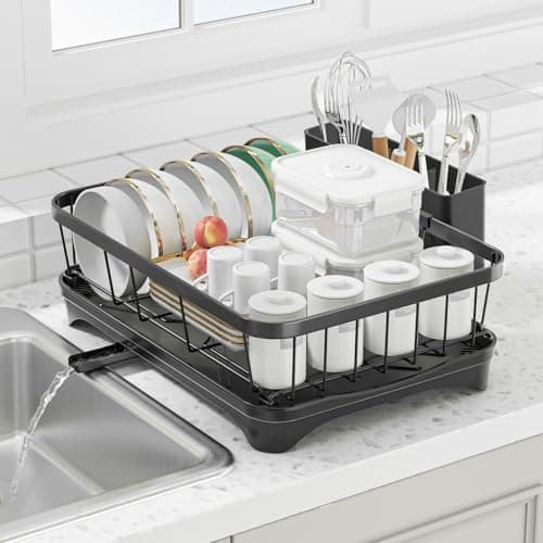HOMEBOSILY Dish Drying Rack with Drainboard - Space Saving Single Layer Drying Rack,Large Capacity Kitchen Organizer with Utensil Holder & Cutlery Tray, Countertop Dish Drainer Black