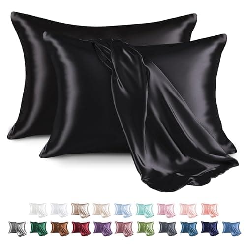 MR&HM Satin Pillowcase for Hair and Skin, Silk Satin Pillowcase 2 Pack, Queen Size Pillow Cases Set of 2, Silky Pillow Cover with Envelope Closure (20x30, Black)