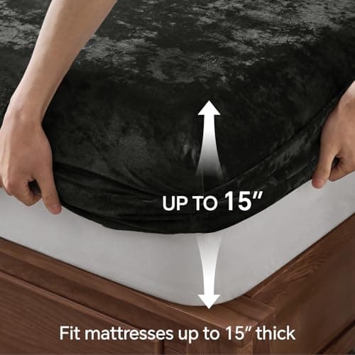 BEDELITE Velvet Fitted Sheet and Pillowcases Set, Luxury Soft Fuzzy Bottom Sheet with Reinforced Elastic Corner Straps, Deep Pocket up to 15 Inch, 1 Fitted Sheet and 2 Pillowcases (Queen, Black) 5