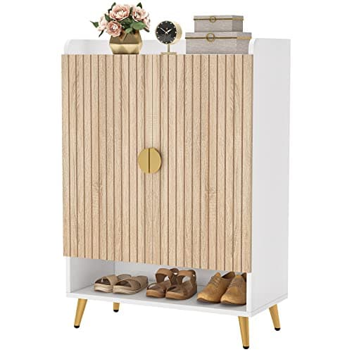 Tribesigns Shoe Cabinet with Doors, 7-Tier Shoe Storage Cabinet with Adjustable Shelves, Wooden Shoes Rack Shoe Storage Organizer for Entryway, Hallway, Closet, Living Room, Wood and Gold 10