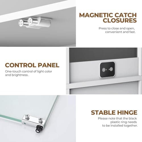 BROTTAR Display Cabinet with Glass Doors, 4-Tier Curio Cabinet with 3 Color Lights for Collectibles, Glass Display Case with Human Body Sensor, Bookcase with 4 Shelves, Storage Cabinets, White 7