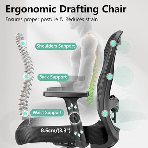 Primy Drafting Chair Ergonomic Tall Office Chair, High Back Breathable Mesh Desk Chair with Adjustable Footrest Ring Lumbar Support 2D Armrests, Executive Swivel Comfy Task Chair for Home Work Art 6