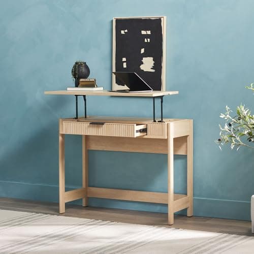 WALKER EDISON Transitional Style Furniture, Reeded Detail, Lift-Top Desk with Drawer and Storage Cubby, Sitting to Standing Desk, Soft Self-Close Desktop, 38”W x 16.75”D x 30”H, Coastal Oak 14
