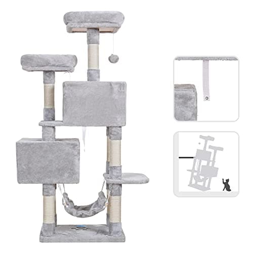 Hey-brother Multi-Level Cat Tree Condo Furniture with Sisal-Covered Scratching Posts, 2 Plush Condos, Perch Hammock for Kittens, Cats and Pets, Light Gray MPJ020-SW 8