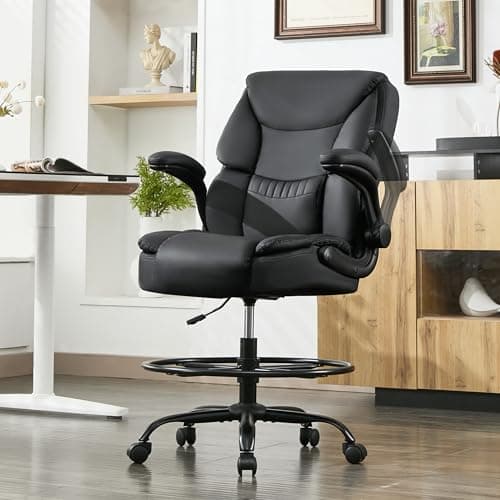 500LBS Drafting Chair, High Back Safer Standing Desk Chair, Executive Tall Office Chair with Flip-up Armrests, Upholstered PU Leather Task Chair, Ergonomic Seat with Adjustable Height&Foot Ring, Black