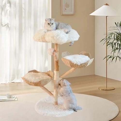Real Wood Modern Cat Tree Tower for Indoor Cats Large Adult, Wooden Cat Tower with Scratching Post and Bed, Unique Handmade Aesthetic Cat Tree with Real Wood Branches, Luxury Boho Cat Furniture (XL)