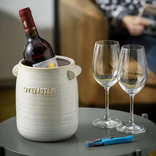 BETTWILL Kitchen Utensil Holder,White Ceramic Utensil Holder,Large Ceramic Utensil Holder Crock for Kitchen Counter, Large Stable Utensil Crock, Farmhouse Cooking Utensil Holder. 5