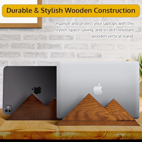 Dual Laptop Holder Vertical Stand 2 Slots Wooden - Dark Brown (Walnut Color) - Vertical Holder for Desk, MacBook Pro & Air, Desktop Organizer Made of Natural Wood, Adjustable Stand for Notebooks 6
