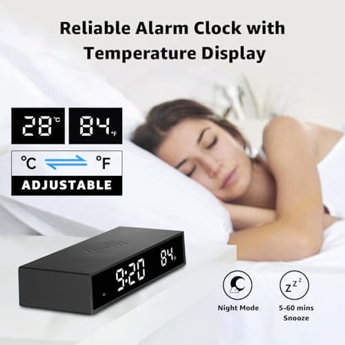 Digital LED Alarm Clock with Wireless Charging, 15W Fast Wireless Charger for Smart Phone for iPhone/Samsung, NightTime Mode Adjustable Brightness Snooze, Clock for Bedroom, Living Room, Office, Black 6