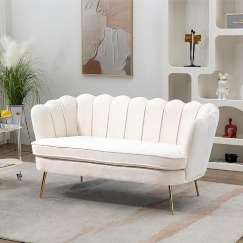 Anwick 59" Small Modern Chenille Loveseat Sofa, 2-Seater Sofa with Gold Metal Legs, Small Couch with Flower Shaped Back for Living Room Bedroom Office (Beige)