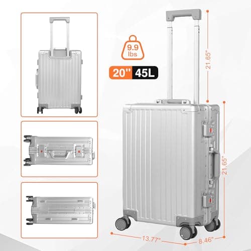 VentureVault All Aluminum Carry On Luggage 22x14x9 Airline Approved，Hard Shell Carry On Luggage, Zipperless Luggage Aluminum Suitcase Luggage (sliver, 20inch) 8