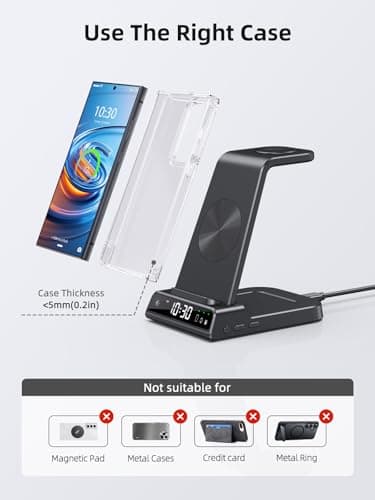 Wireless Charger Samsung Charging Station: 3 in 1 Android Charging Stand with Dimmable Clock - Nightstand Organizer for Galaxy S25 Ultra S24, Galaxy Watch 8 7 6 5 4, Galaxy Buds, Space-Saving Charger 6