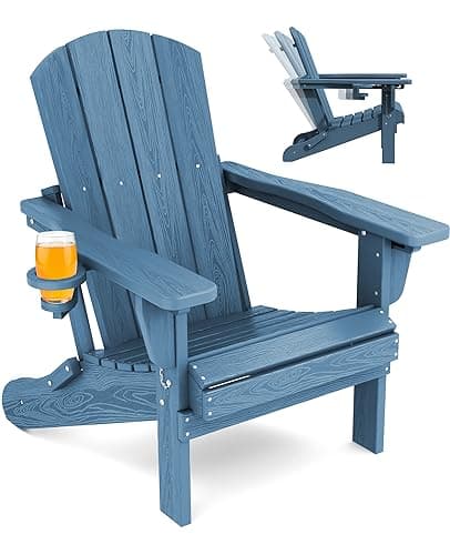 SERWALL Folding Adirondack Chair, Adirondack Outdoor Chair with Cup Holder, Adjustable Adirondack Chair with 3 Recline Positions, All Weather HDPE Outdoor Adirondack, Blue