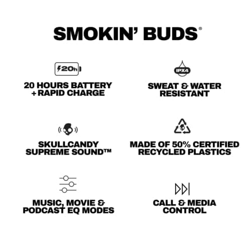 Skullcandy Smokin’ Buds Wireless Earbuds, Bluetooth Headphones, Noise Isolating Fit, Up to 20 Hours Battery, IPX4 Sweat and Water Resistant, Microphone for iPhone Android - Midnight Smoke 10