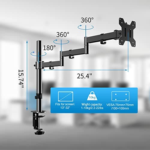 Single Long Monitor Stand, 13 to 32 inch Computer Monitor Desk Mount, Extra Long Adjustable Computer Arm, VESA Stand for 1 Screen, Max VESA 100x100, MD9431 2