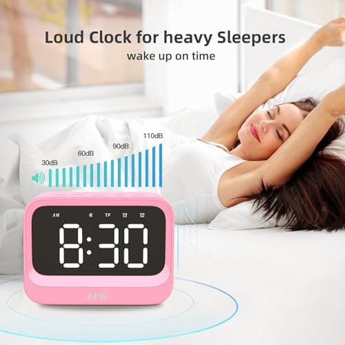 AFK Alarm Clock with Bluetooth Speaker for Bedroom,Loud Digital Clock for Heavy Sleepers Adults, Desk Clocks with Dual Alarms,Large Number,Dimmable,Snooze for Teens Boys Girls,Pink 7