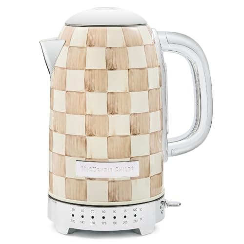 MACKENZIE-CHILDS Electric Kettle, Stainless-Steel Tea Kettle, Brown-and-White Mocha Check
