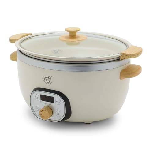GreenLife 6QT Slow Cooker, Non-Toxic PFAS-Free Ceramic Nonstick Removable Interior Bowl, Programmable, Family Friendly, Keep Warm, Stovetop & Oven Safe, Dishwasher Safe Crock, Timer, Glass Lid, Cream