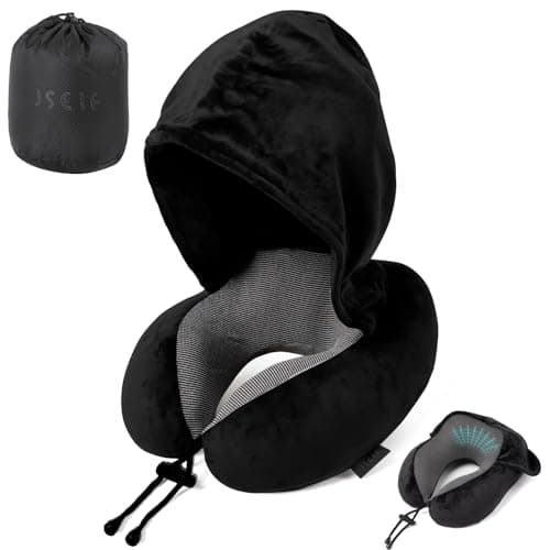 JSELF Travel Pillow with Hood, Neck Pillow for Airplane, Hooded Neck Pillow for Travel, Long Flight, Car, Plane, Office, Sleeping, 100% Pure Memory Foam Head Chin Support Airplane Pillow - Black