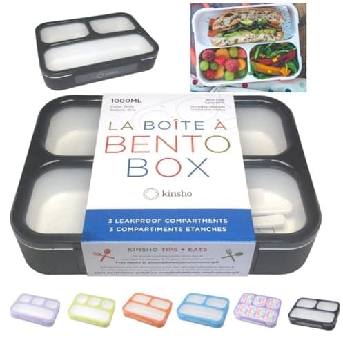Bento Lunch Box For Adults, Kids | Leakproof Meal Prep Portion Control Boxes Japanese Style for Boys Teens 3 Compartment Slim Container For Work, School | Eco-friendly Divided Containers, Grey - Black