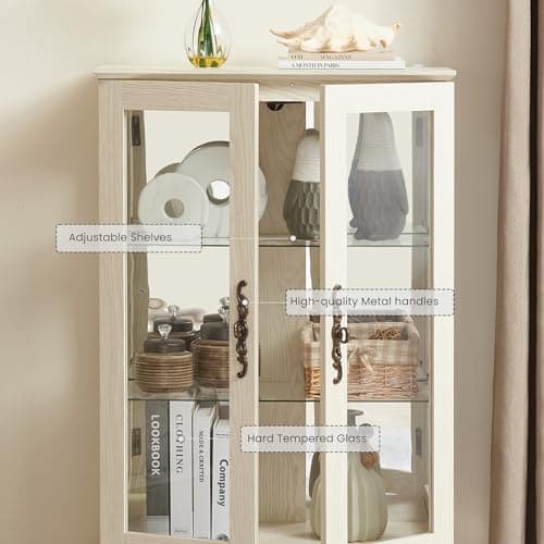44" Small Lighted Glass Accent Curio Cabinet, Vintage China Cage with 2 Tempered Glass Doors & Adjustable Shelves, Acrylic Pane, Elegant Wine Artwork Showcase Rack for Living Room (Antique White) 7