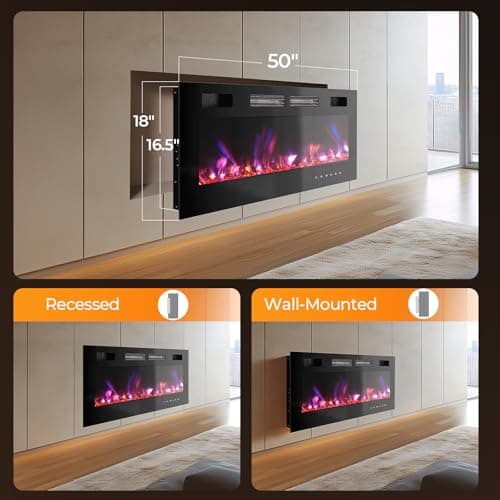50” Electric Fireplace, Ultra-Thin Wall Mounted, Insert Heater, 750/1500W Recessed Fire Place with Adjustable Flame Color, Touch Screen and Remote Control 7