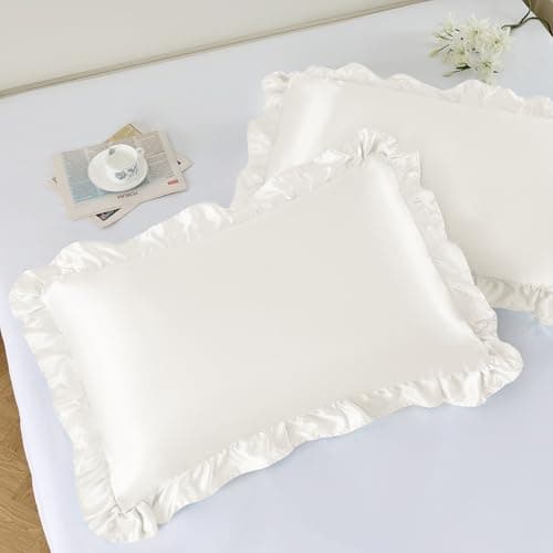 NSGZ Ruffled Satin Pillowcase Set of 2, Standard Size Silky Pillow Shams for Hair and Skin Care, Ivory White Satin Pillow Covers with Envelope Closure, Anti Wrinkle Pillow Cases for Classic Room Decor