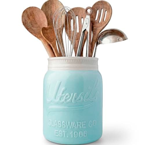 Comfify Wide Mouth Mason Jar Utensil Holder Decorative Kitchenware Organizer Crock, Dishwasher Safe - Kitchen Caddy Aqua Blue for Countertop, Large Size 7" Hight