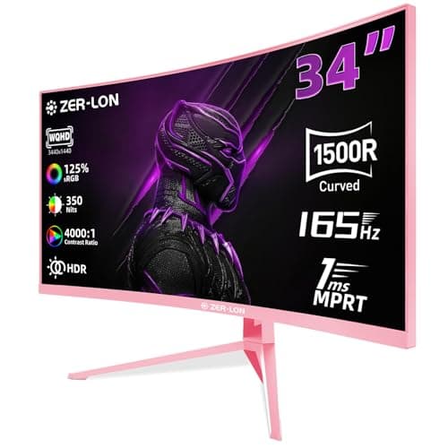 ZER-LON 34 inch Ultrawide Curved Gaming Monitor, 21:9 WQHD 3440×1440 165Hz Computer Monitors, 1500R 1ms(MPRT), 125% sRGB, 350nits, FreeSync, HDMI2.0 x2, DP1.4 x2, Wall Mountable/Tilt Adjustable Pink
