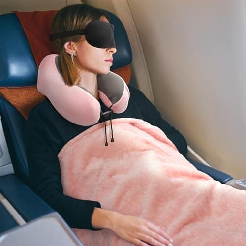 urnexttour Travel Pillow and Blanket Set Neck Pillows Travel Essentials with Sleep Mask for Airplane Car Memory Foam Pink 7