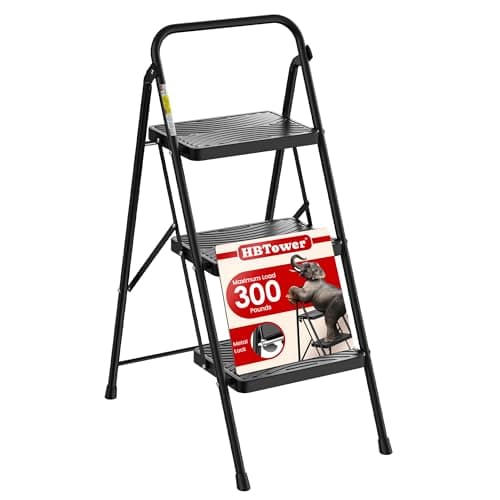 HBtower 3 Step Ladder, Step Stool with Wide Anti-Slip Pedal, Step Ladder Folding Step Stool for Adults, Lightweight Steel Portable ladders for Home Kitchen