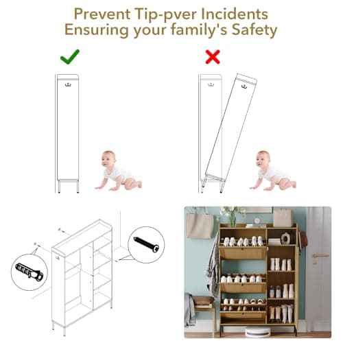 Shoe Cabinet, Natural Rattan Freestanding Shoe Organizer with 3 Flip-out Drawers and 4 Open Shelves Side Cabinet, Slim Wood Shoe Rack with Metal Legs for Entryway, Hallway, Living Room (Natural Color) 7