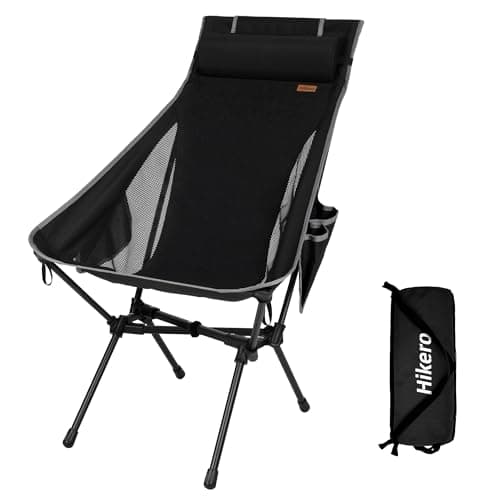Hikero High Back Camping Chair, Support Heavy Duty 440 lbs, Compact Backpacking Chair with Adjustable Pillow for Hiking, Picnic, Fishing, Backpacking (Black)