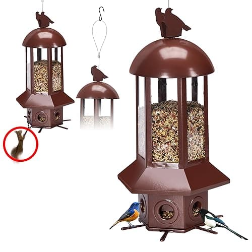 Professional Squirrel Proof Bird Feeders - Sorflife Large Capacity 5.06 lbs, Reliable and Rust Resistant Metal Bird Feeding Station for Prevents Squirrels from Stealing Food and Easy Refilling Brown