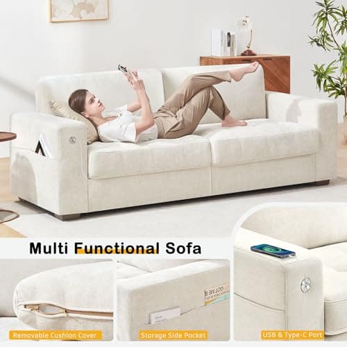 Hanherry 89" Sofa for Living Room, Modern Comfy Sofa with Medium Firm Seat Cushion, Removable Cover,Wide Armrest,USB/Type-C Port,Chenille Fabric Couches for Small Space,Apartment 5